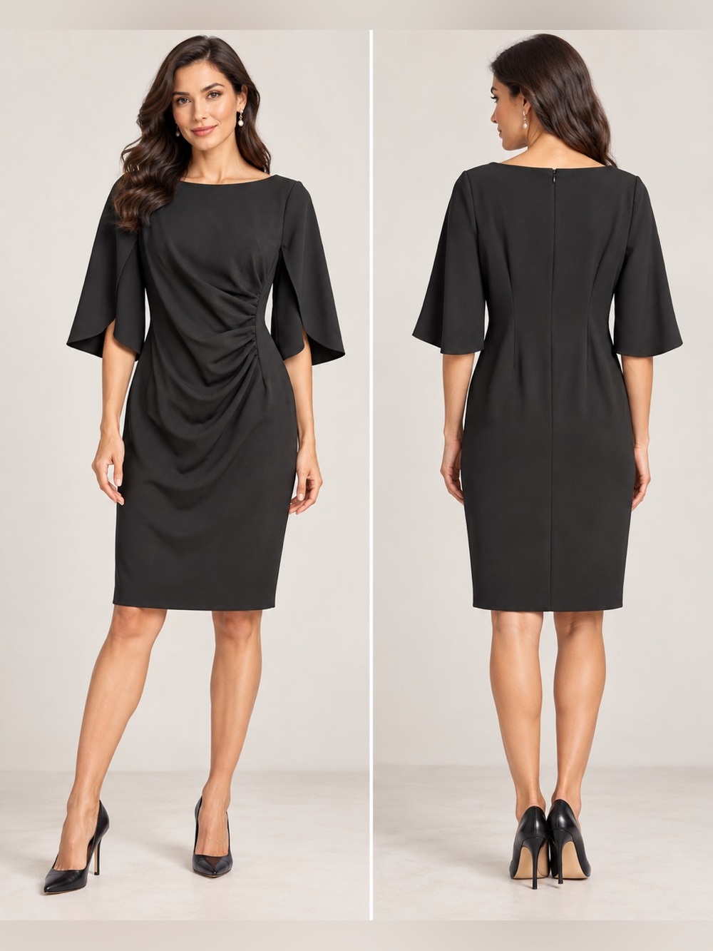 DKNY Black Ruched Sheath Dress Size 16 Bell Sleeve Elegant Career Cocktail Dress